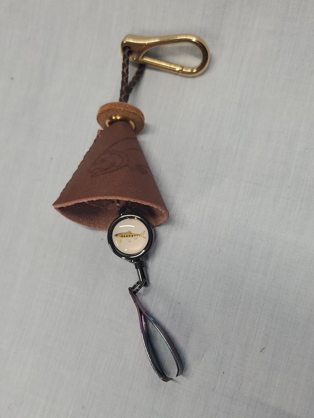 Brown Leather Key Fob with Retractable Reel and Brass Clip